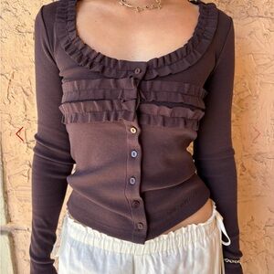 Damson Madder-Chic Ruffled Button-Down Shirt in Deep Brown